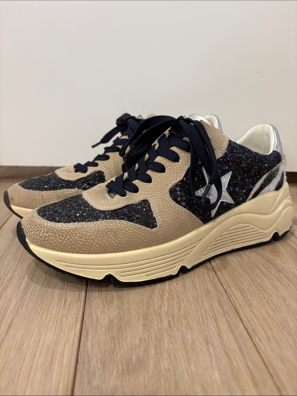 Oasis Society Chunky Lace-Up Sneakers in Beige and Navy with Glitter detail